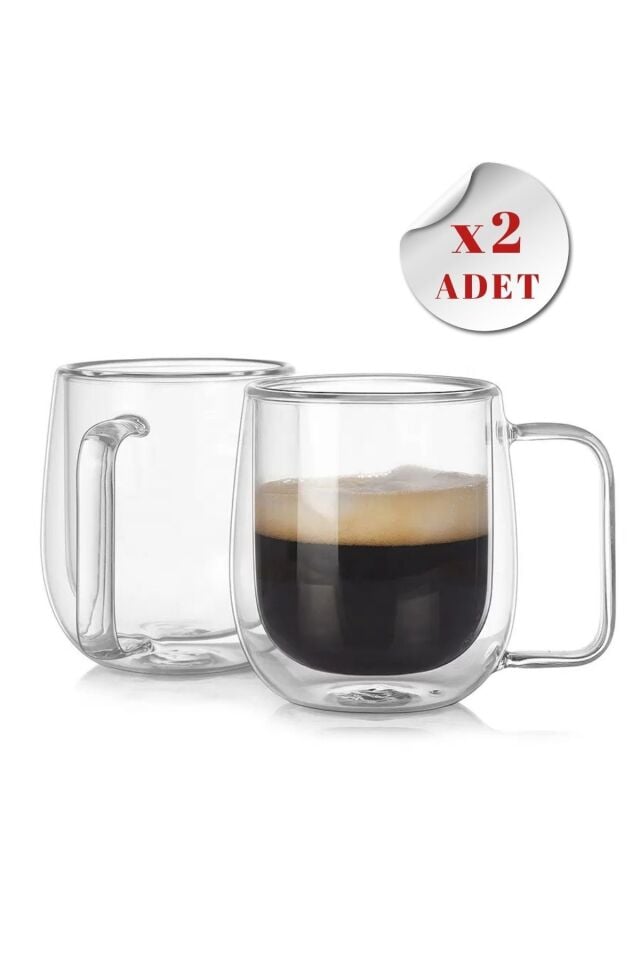 Çift Camlı Çift Cidarlı Cam Kupa 350ml Ev Ofis Fincanı Çift Camlı Kulplu Bardak 2li