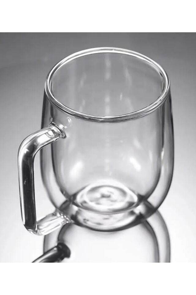Çift Camlı Çift Cidarlı Cam Kupa 350ml Ev Ofis Fincanı Çift Camlı Kulplu Bardak 2li
