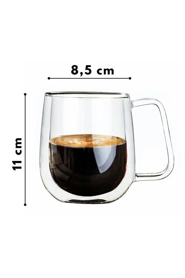 Çift Camlı Çift Cidarlı Cam Kupa 350ml Ev Ofis Fincanı Çift Camlı Kulplu Bardak 2li