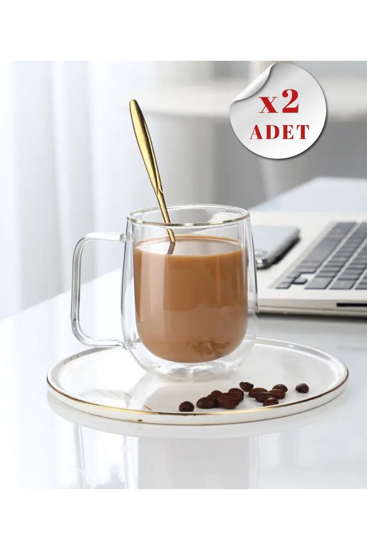 Çift Camlı Çift Cidarlı Cam Kupa 350ml Ev Ofis Fincanı Çift Camlı Kulplu Bardak 2li