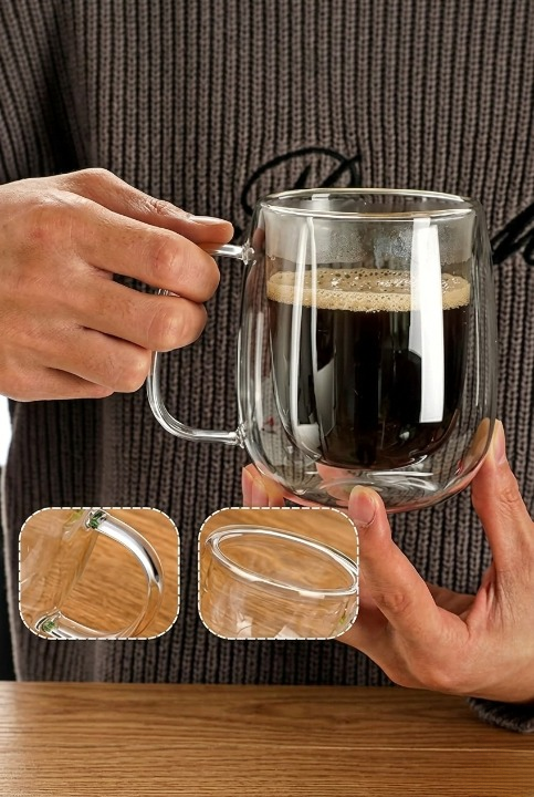 Çift Camlı Çift Cidarlı Cam Kupa 350ml Ev Ofis Fincanı Çift Camlı Kulplu Bardak 2li