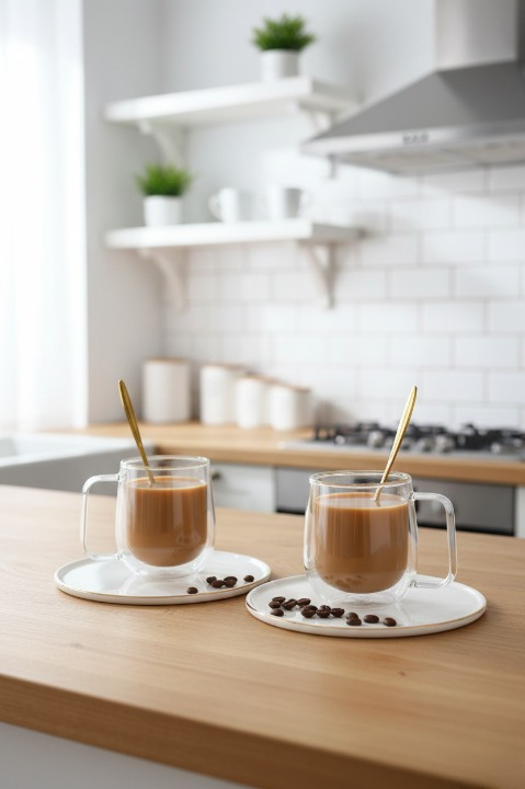 Çift Camlı Çift Cidarlı Cam Kupa 350ml Ev Ofis Fincanı Çift Camlı Kulplu Bardak 2li