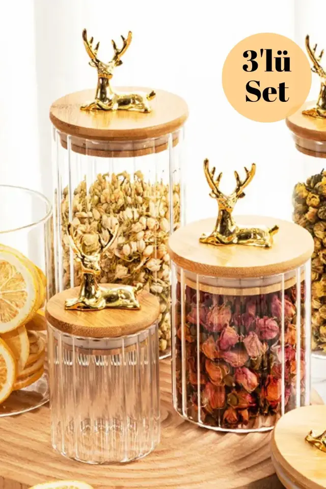 Cam Kavanoz Silikon Bambu Kapaklı Kavanoz 3’lü Set
