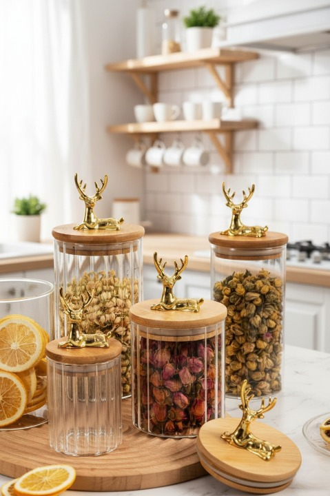 Cam Kavanoz Silikon Bambu Kapaklı Kavanoz 3lü Set