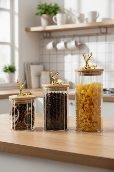 Cam Kavanoz Silikon Bambu Kapaklı Kavanoz 3lü Set