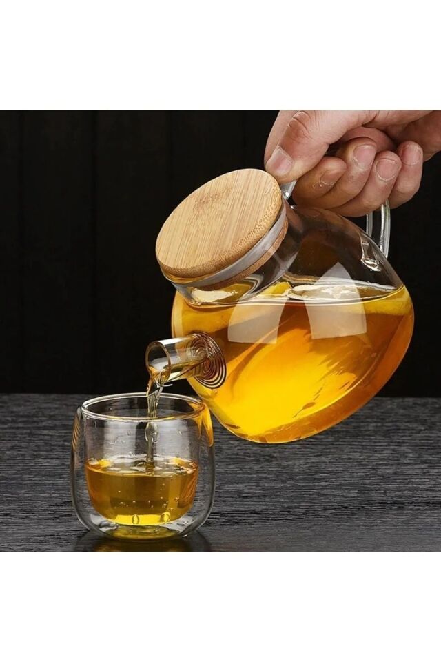 Isıya Dayanıklı 1000 ml Çelik Süzgeçli Cam Demlik Bitki Çayları , Borosilikat ,Bambu Kapaklı sürahi