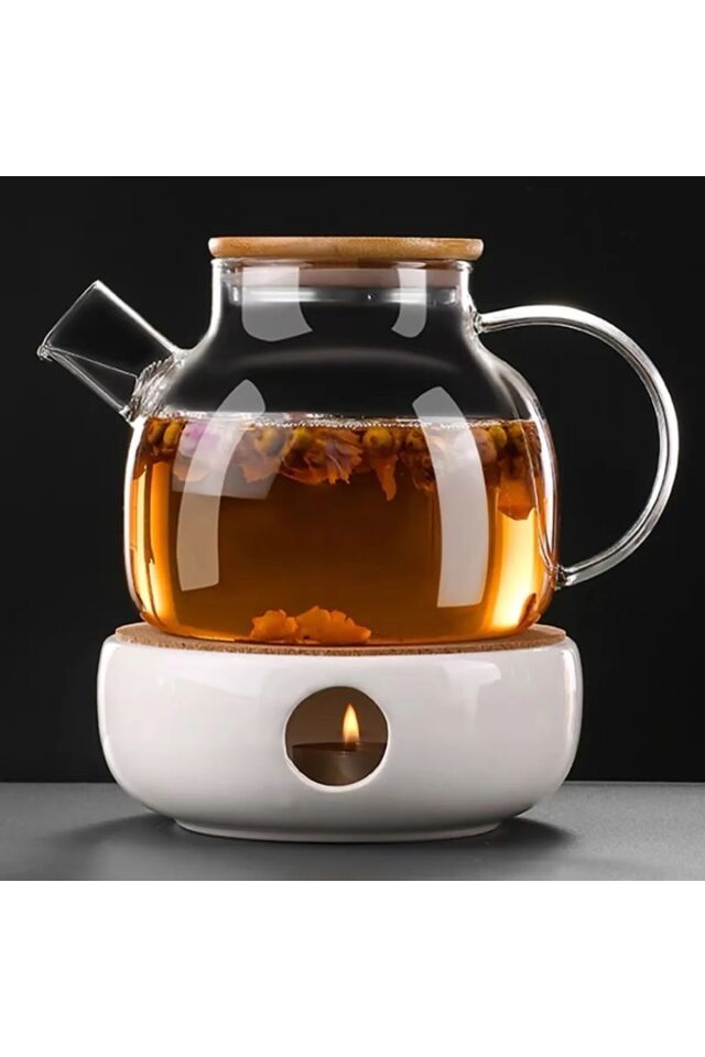 Isıya Dayanıklı 1000 ml Çelik Süzgeçli Cam Demlik Bitki Çayları , Borosilikat ,Bambu Kapaklı sürahi