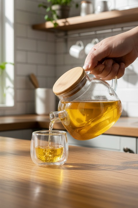 Isıya Dayanıklı 1000 ml Çelik Süzgeçli Cam Demlik Bitki Çayları , Borosilikat ,Bambu Kapaklı sürahi