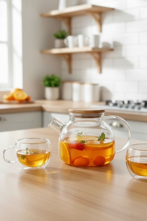 Isıya Dayanıklı 1000 ml Çelik Süzgeçli Cam Demlik Bitki Çayları , Borosilikat ,Bambu Kapaklı sürahi