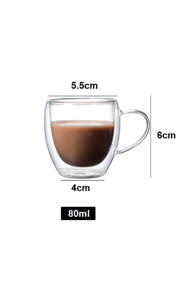 Çift Cidarlı Kulplu Bardak Espresso Bardağı 6 Adet 80ml