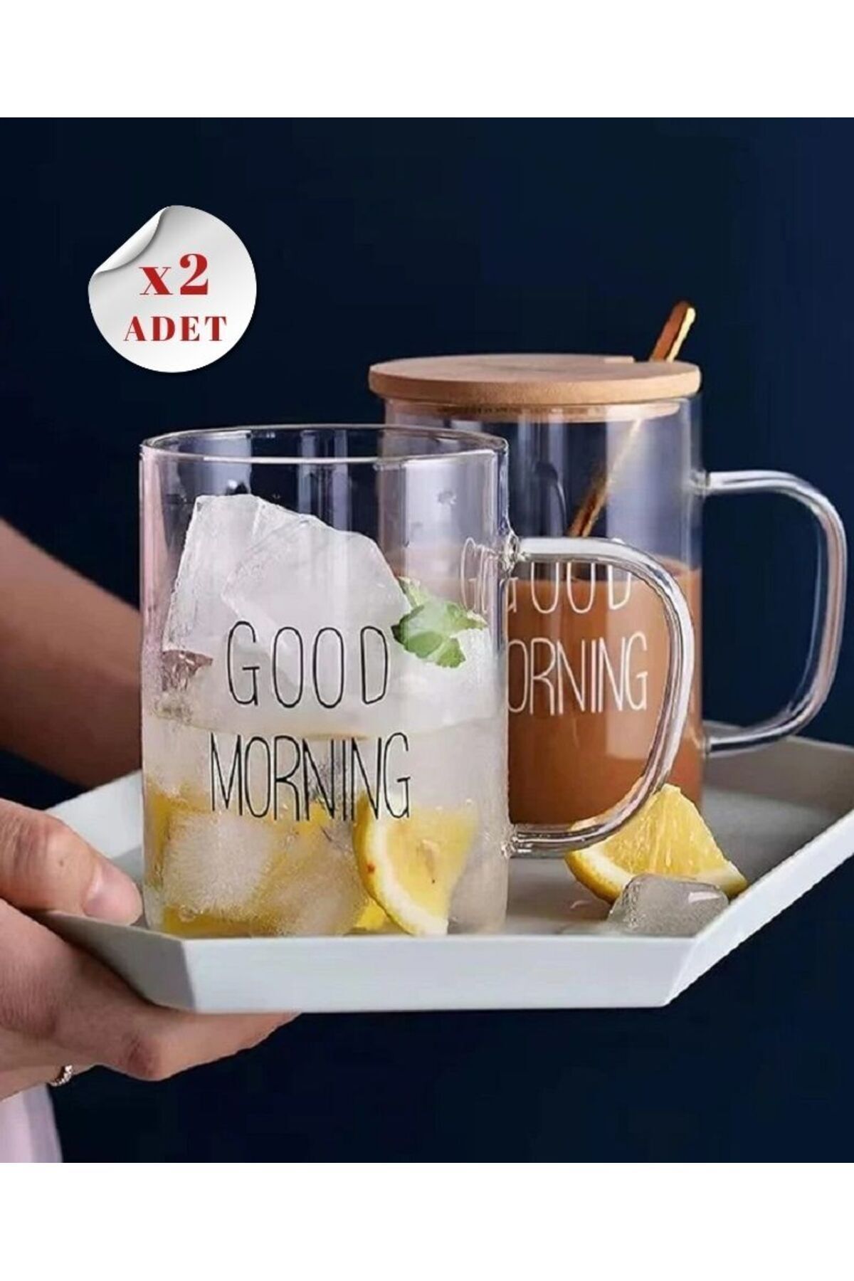 Bambu Kapaklı Kulplu Çay Kahve Bardağı 460ml 2li Set