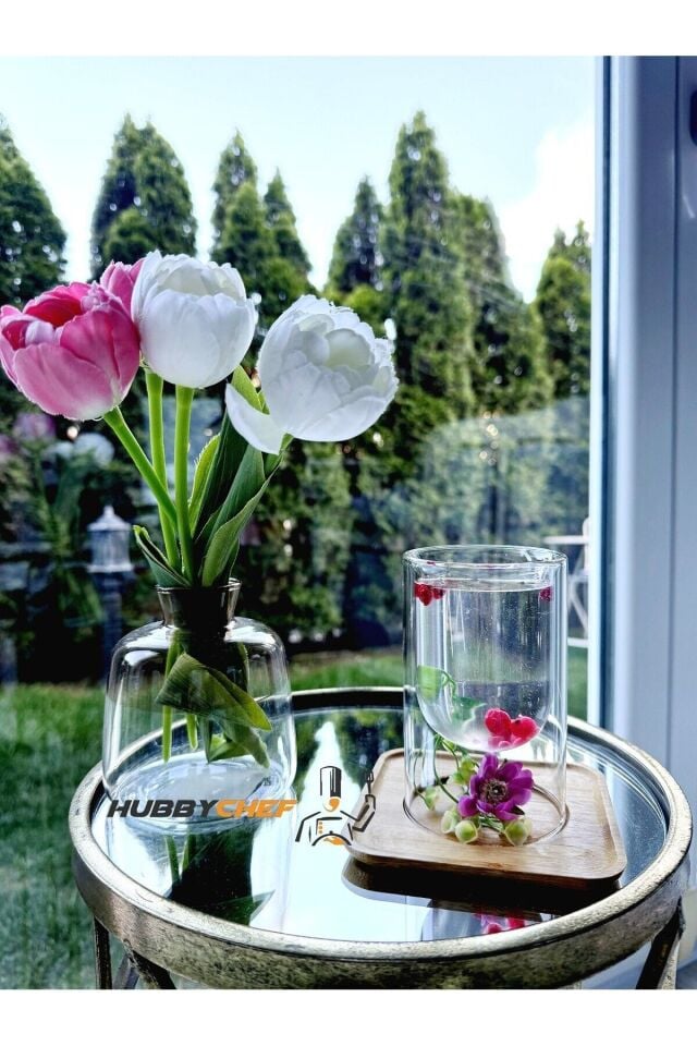 Çift Camlı Sunum Servis Bardağı Mumluk -Bambu Sunum Tabaklı ve Kapaklı 2li Set