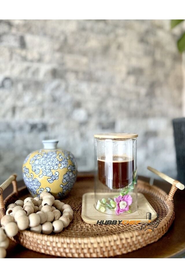 Çift Camlı Sunum Servis Bardağı Mumluk -Bambu Sunum Tabaklı ve Kapaklı 2li Set