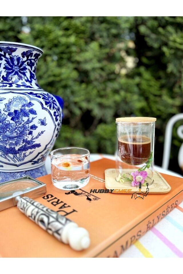 Çift Camlı Sunum Servis Bardağı Mumluk -Bambu Sunum Tabaklı ve Kapaklı 2li Set