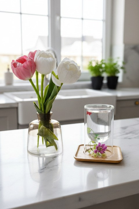 Çift Camlı Sunum Servis Bardağı Mumluk -Bambu Sunum Tabaklı ve Kapaklı 2li Set