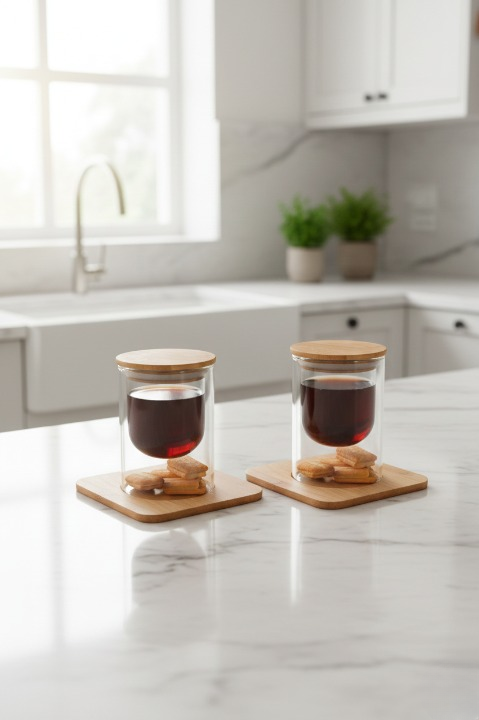 Çift Camlı Sunum Servis Bardağı Mumluk -Bambu Sunum Tabaklı ve Kapaklı 2li Set