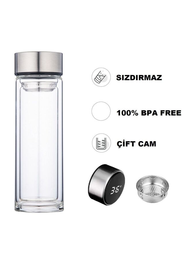 Çay Kahve Termosu Dijital Sıcaklık Göstergeli Cam Termos Mug