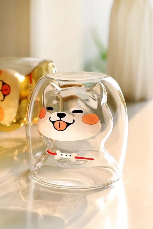 Çift Camlı Cidarlı Köpek Karakterli Eğlenceli Tasarım Borosilikat Cam Bardak 2li Set 250 Ml