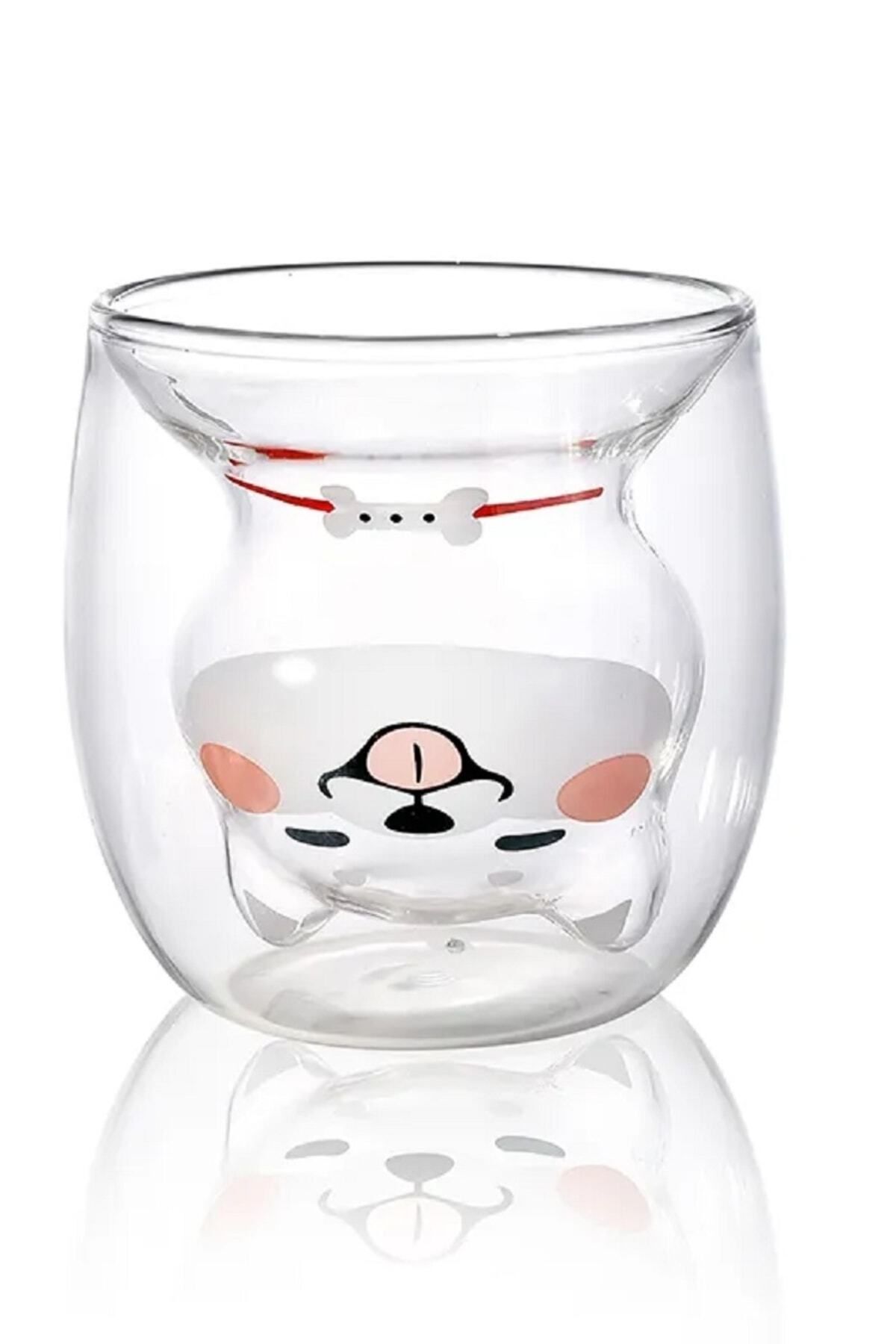 Çift Camlı Cidarlı Köpek Karakterli Eğlenceli Tasarım Borosilikat Cam Bardak 2li Set 250 Ml