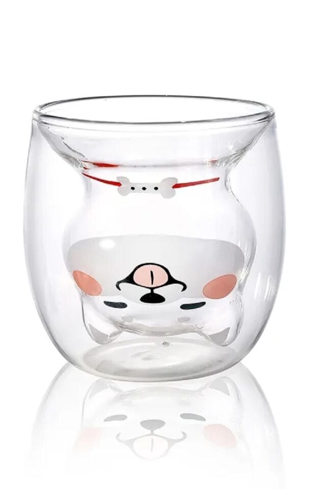 Çift Camlı Cidarlı Köpek Karakterli Eğlenceli Tasarım Borosilikat Cam Bardak 2li Set 250 Ml