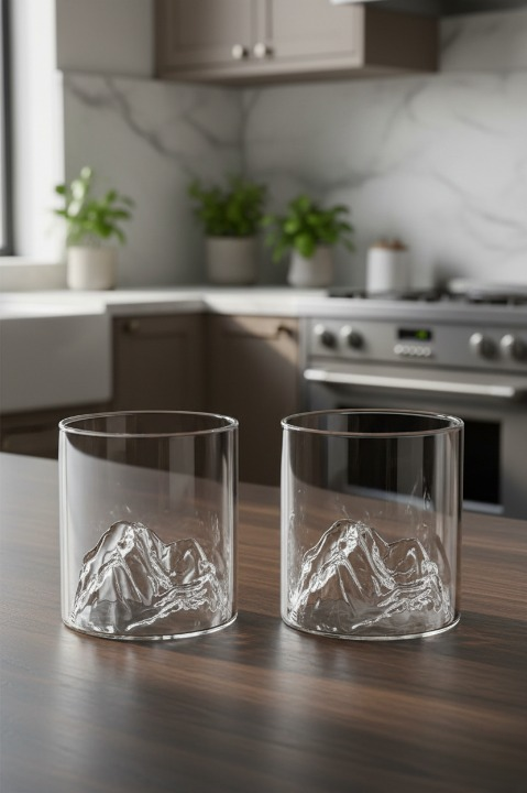 Viski Kokteyl Meşrubat Bardağı Kadehi Japon Style 3 Boyutlu Borosilikat Bardak 2li Set 320 ml