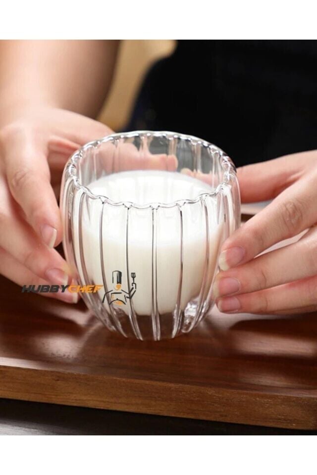Çift Camlı Oluklu Çift Cidarlı Bardak 250 ml Ev Ofis Çift Katlı Isı Yalıtımlı Bardak 2 Li