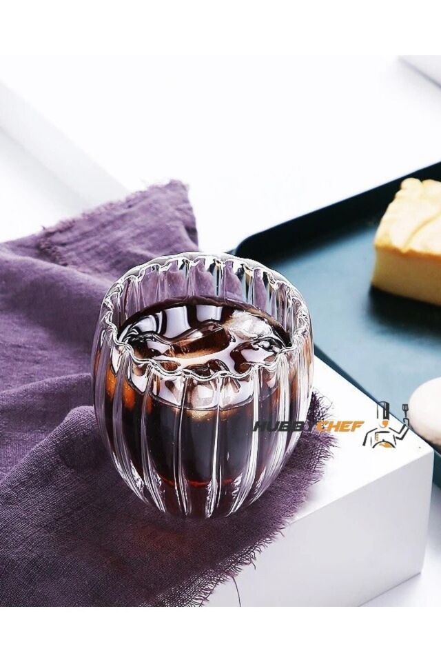 Çift Camlı Oluklu Çift Cidarlı Bardak 250 ml Ev Ofis Çift Katlı Isı Yalıtımlı Bardak 2 Li