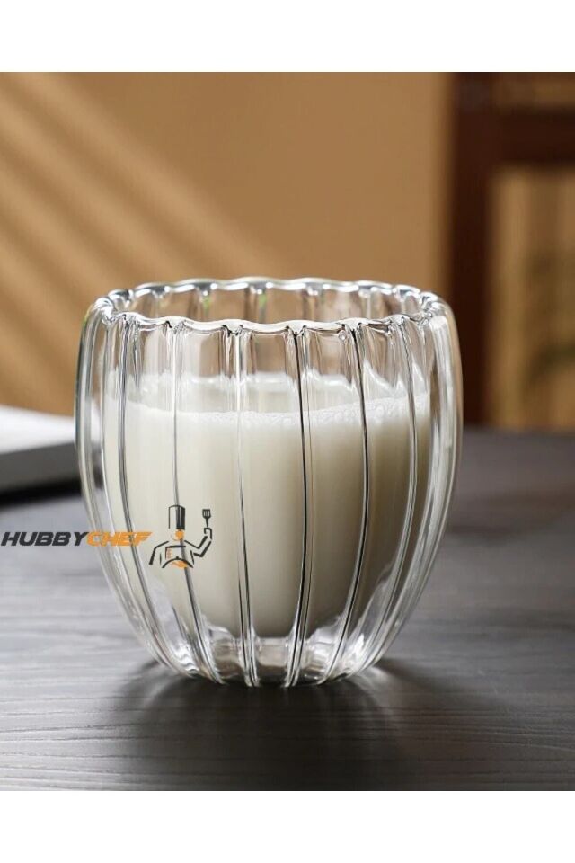 Çift Camlı Oluklu Çift Cidarlı Bardak 250 ml Ev Ofis Çift Katlı Isı Yalıtımlı Bardak 2 Li