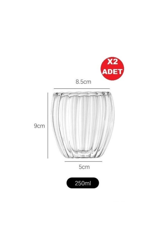 Çift Camlı Oluklu Çift Cidarlı Bardak 250 ml Ev Ofis Çift Katlı Isı Yalıtımlı Bardak 2 Li