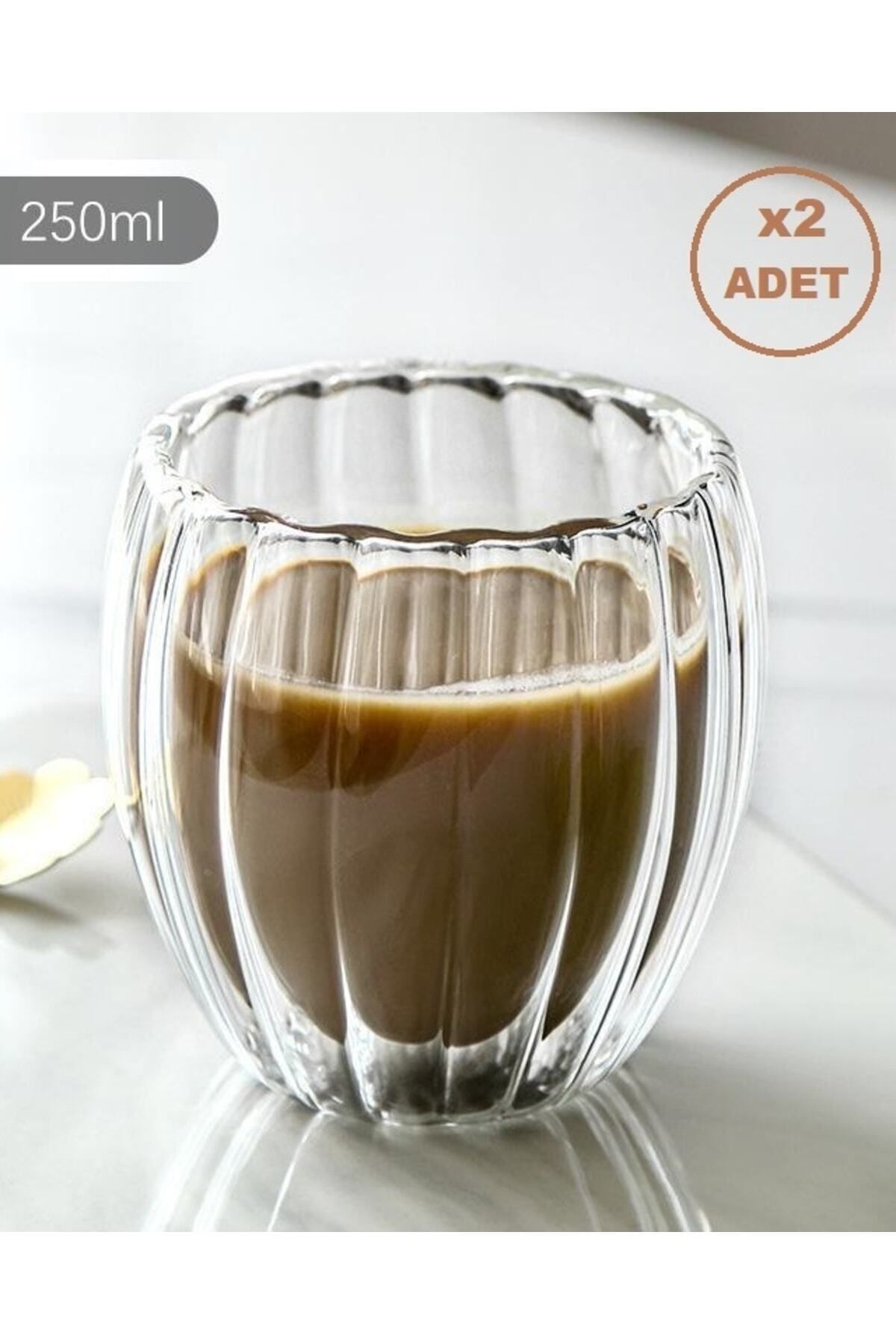 Çift Camlı Oluklu Çift Cidarlı Bardak 250 ml Ev Ofis Çift Katlı Isı Yalıtımlı Bardak 2 Li