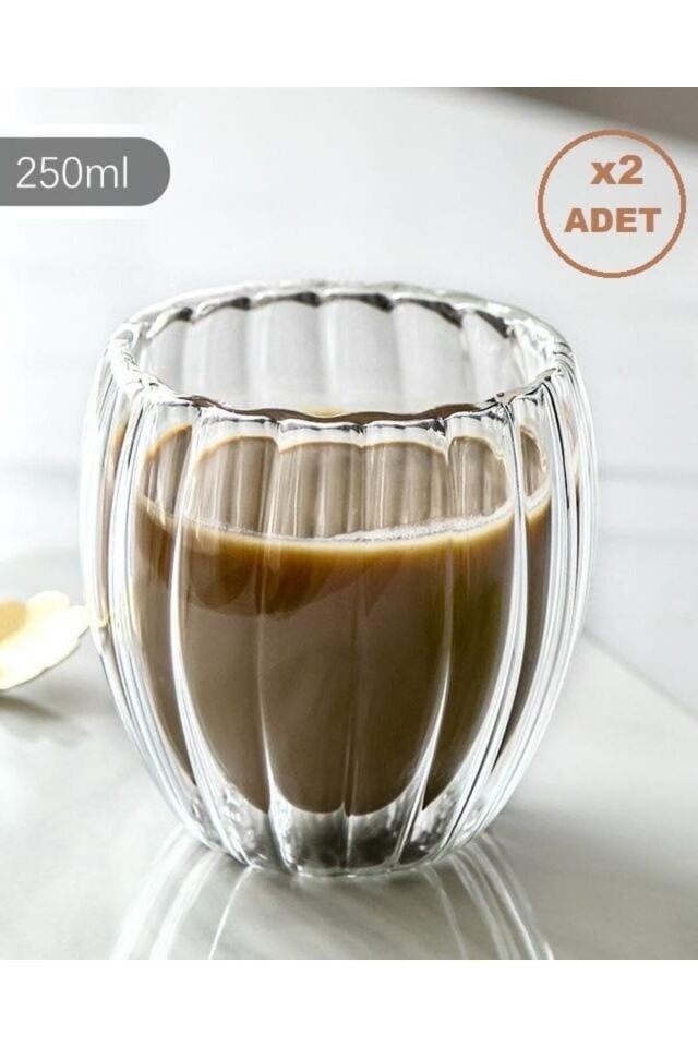 Çift Camlı Oluklu Çift Cidarlı Bardak 250 ml Ev Ofis Çift Katlı Isı Yalıtımlı Bardak 2 Li