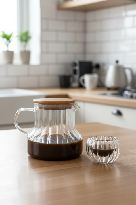 Cam Sürahi Bambu Kapaklı Oluklu Sürahi