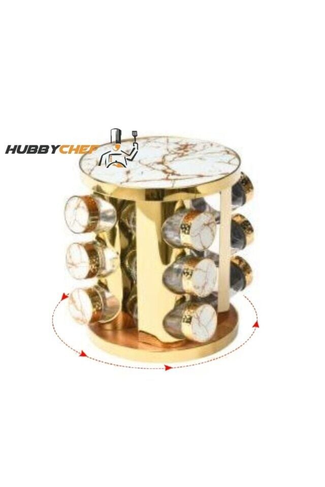 Gold Baharatlık 12'li 360 Derece Dönebilen Cam Tuzluk Ve Baharatlık Standı Beyaz Mermer