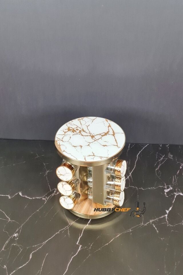 Gold Baharatlık 12'li 360 Derece Dönebilen Cam Tuzluk Ve Baharatlık Standı Beyaz Mermer