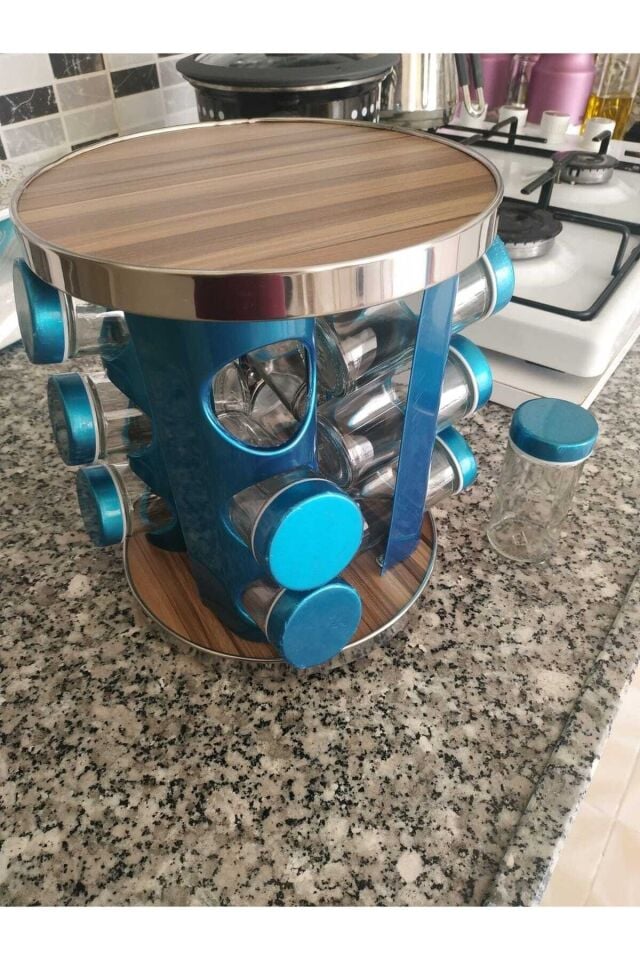 12 Li Ahşap Yuvarlak Döner Stantlı Cam Baharatlık Tuzluk Seti