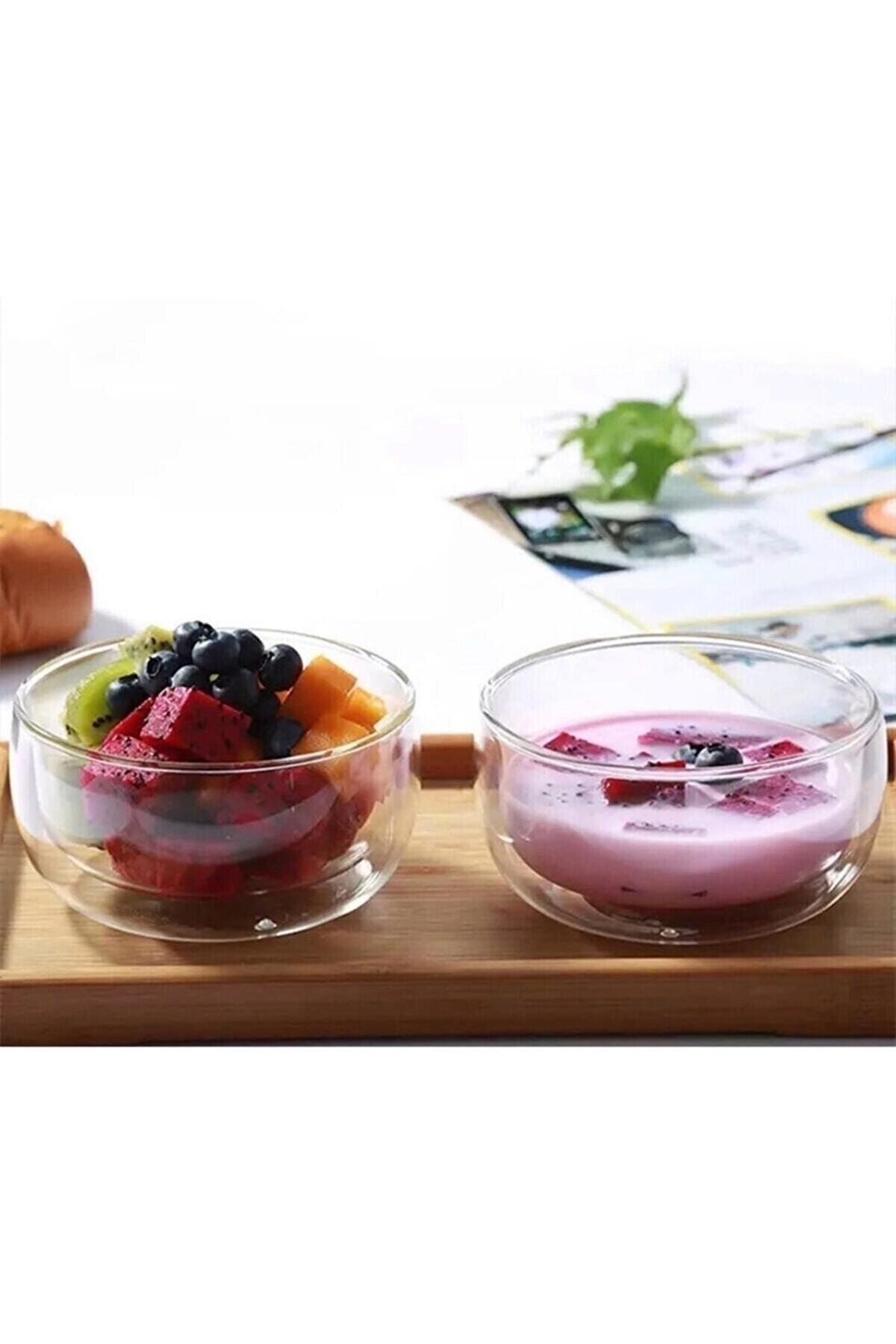 Cam Kase Borosilikat Cam Çift Cidarlı Çorba Tatlı Kasesi 2li Set 300ml Sunum Kasesi
