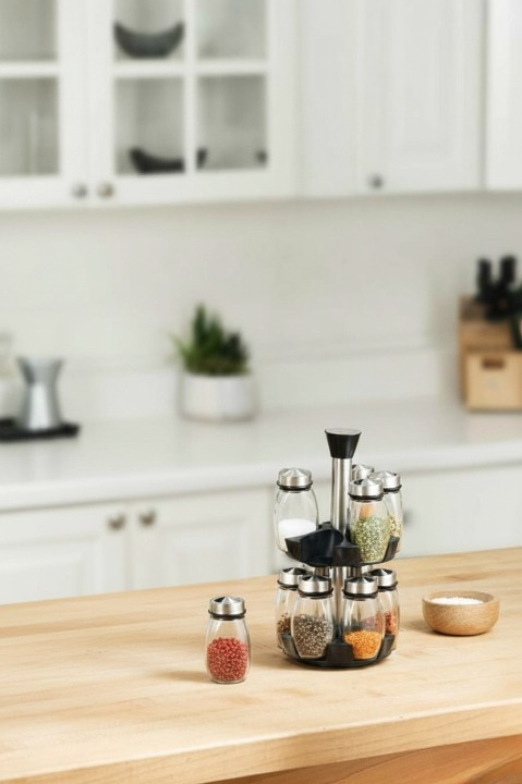 Baharatlık Çift Katlı 12'li 360 Derece Dönebilen Cam Tuzluk Ve Baharatlık Standı