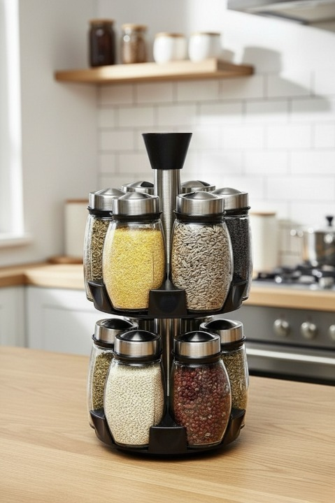 Baharatlık Çift Katlı 12'li 360 Derece Dönebilen Cam Tuzluk Ve Baharatlık Standı