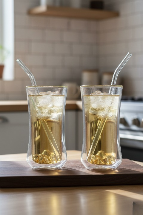 2'li Çift Cidarlı Meşrubat Bardağı - 300ml & Cam Pipet Seti