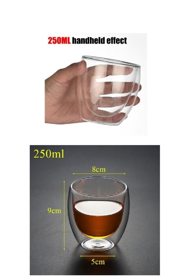 Çift Camlı Çift Cidarlı Cam Bardak 250 Ml 2li Set Ev Ofis Bardağı Çift Katlı Isı Yalıtımlı Bardak