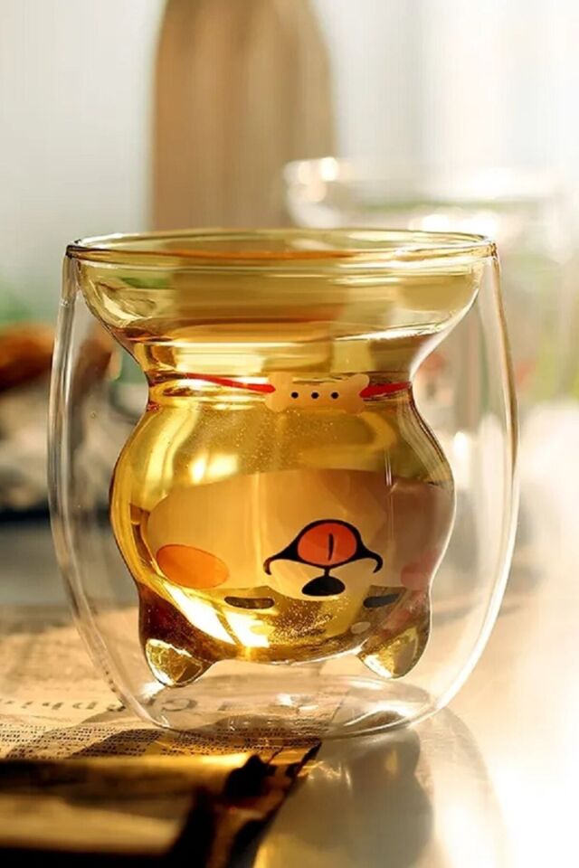 Çift Camlı Cidarlı Köpek Karakterli Eğlenceli Tasarım Borosilikat Cam Bardak 2li Set 250 Ml