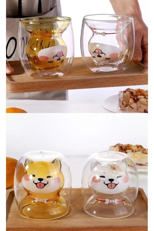 Çift Camlı Cidarlı Köpek Karakterli Eğlenceli Tasarım Borosilikat Cam Bardak 2li Set 250 Ml