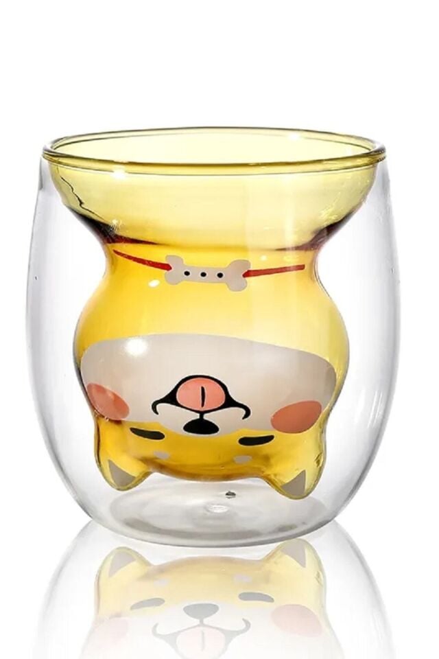 Çift Camlı Cidarlı Köpek Karakterli Eğlenceli Tasarım Borosilikat Cam Bardak 2li Set 250 Ml