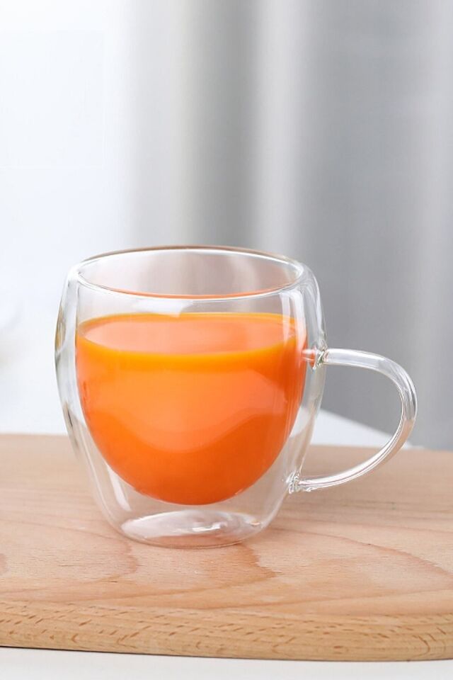 Çift Camlı Cidarlı Cam Kupa 250ml Ev Ofis Fincanı Çift Katlı Isı Yalıtımlı Kulplu Cam Bardak 2li Set