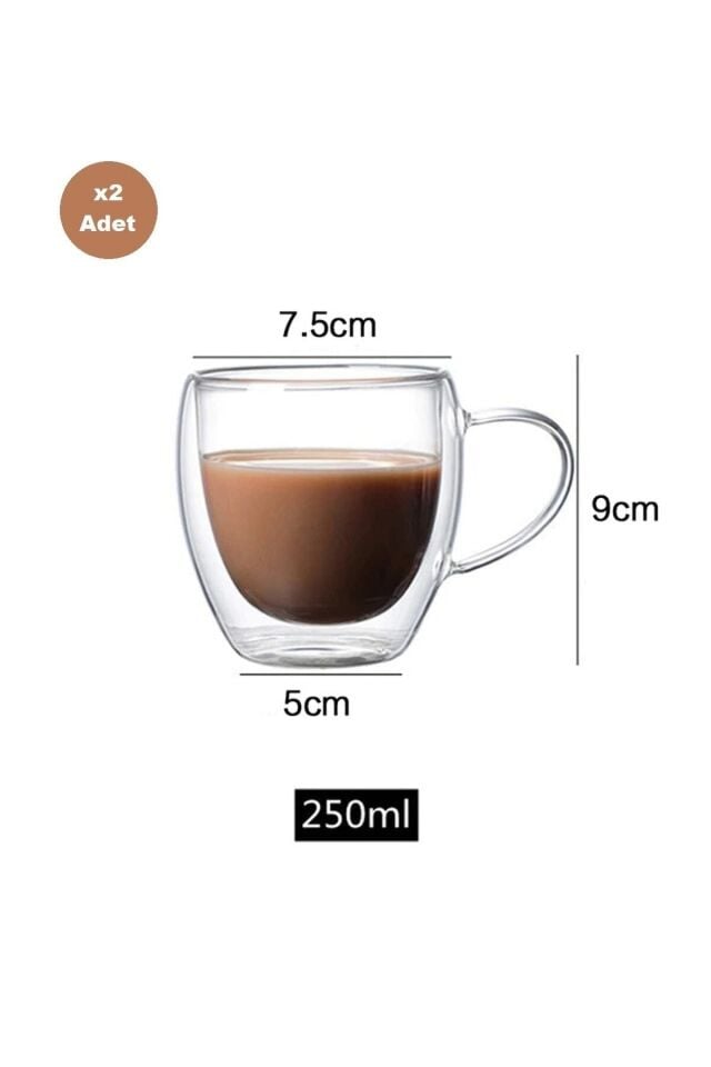 Çift Camlı Cidarlı Cam Kupa 250ml Ev Ofis Fincanı Çift Katlı Isı Yalıtımlı Kulplu Cam Bardak 2li Set