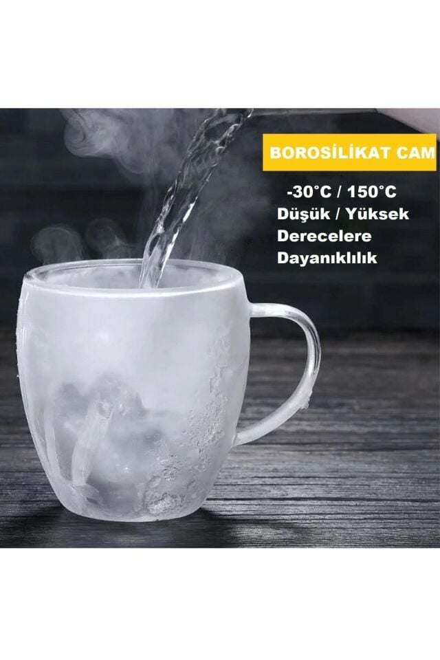 Çift Camlı Cidarlı Cam Kupa 250ml Ev Ofis Fincanı Çift Katlı Isı Yalıtımlı Kulplu Cam Bardak 2li Set
