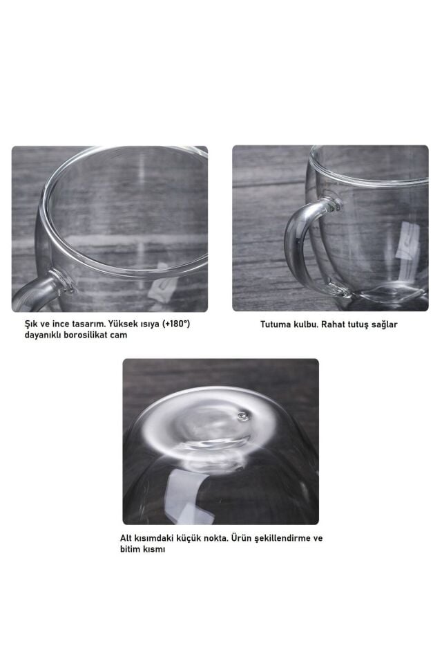 Çift Camlı Cidarlı Cam Kupa 250ml Ev Ofis Fincanı Çift Katlı Isı Yalıtımlı Kulplu Cam Bardak 2li Set
