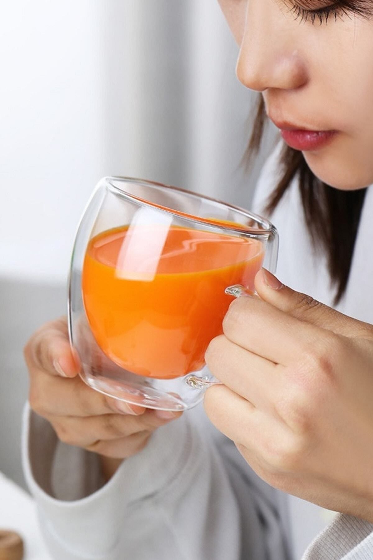 Çift Camlı Cidarlı Cam Kupa 250ml Ev Ofis Fincanı Çift Katlı Isı Yalıtımlı Kulplu Cam Bardak 2li Set