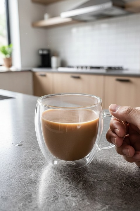 Çift Camlı Cidarlı Cam Kupa 250ml Ev Ofis Fincanı Çift Katlı Isı Yalıtımlı Kulplu Cam Bardak 2li Set