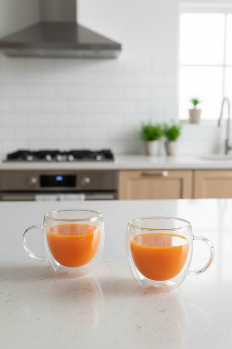 Çift Camlı Cidarlı Cam Kupa 250ml Ev Ofis Fincanı Çift Katlı Isı Yalıtımlı Kulplu Cam Bardak 2li Set